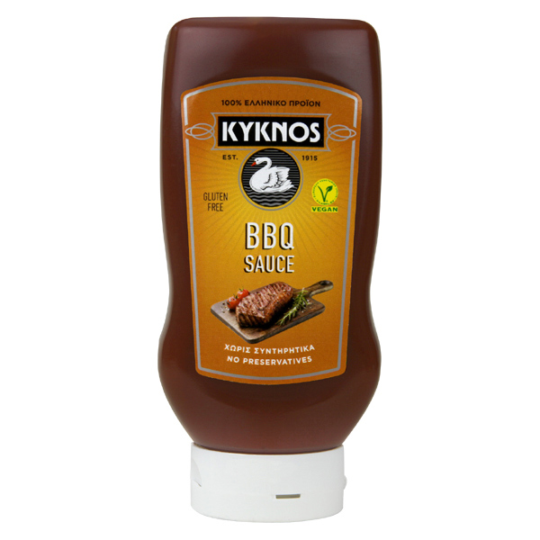 “kyknos” barbeque sauce in plastic bottle with lid on the bottom