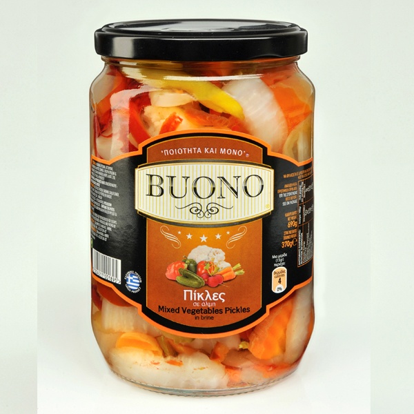 “buono” mixed pickled vegetables in brine in jar