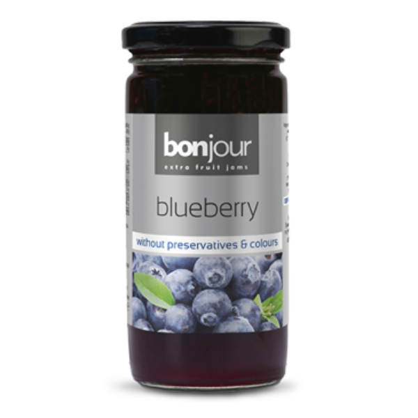 “bonjour” blueberry jam in jar