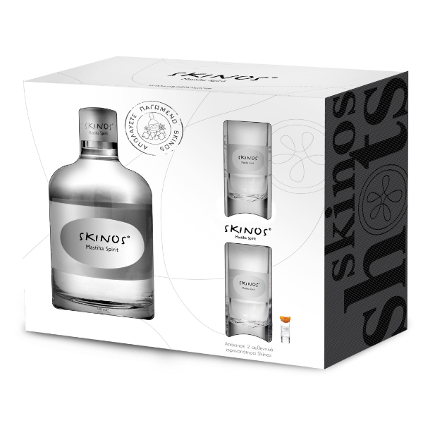 “skinos” mastiha liqueur in glass bottle + 2 shot glasses