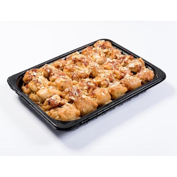 “vrettos” sour cherry pastry pudding with sour cream & almond slices in c-pet dish with transparent cover and carton sleeve
