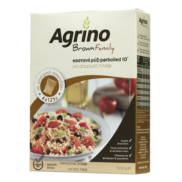 “agrino brown family” greek brown long-grain 10′ parboiled rice (for pilau) in paper box (bags 4x125g)