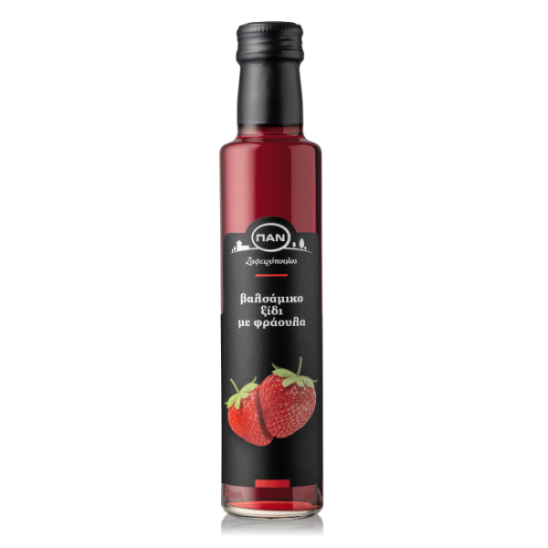 “pan” balsamic vinegar with strawberry in dorica glass bottle