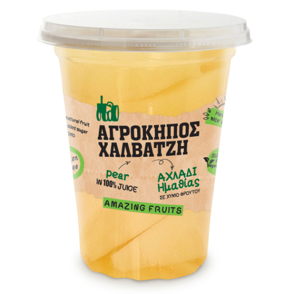 “agrokipos halvatzi” pear fruit salad in ecological packaging (pp/evoh/pp)