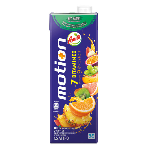 “amita motion” with 7 vitamins and 9 fruit juices 100%