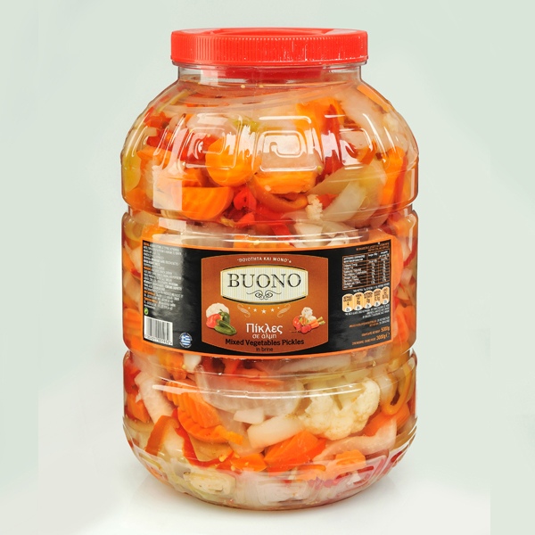 “buono” mixed pickled vegetables in brine in pet