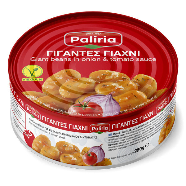 “paliria” baked giant beans in tomatosauce in easy open tins