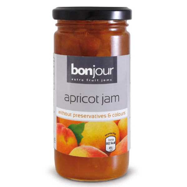 “bonjour” apricot jam in jar
