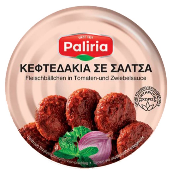 “paliria” meatballs in tomatosauce in easy open tins