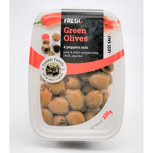 “lyrakis” green olives pitted with 4 peppers in fresh pack