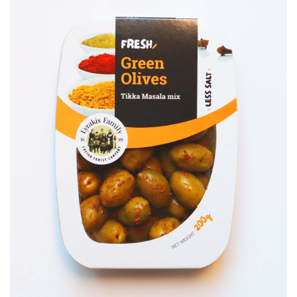 “lyrakis” green olives pitted with tikka masala in fresh pack