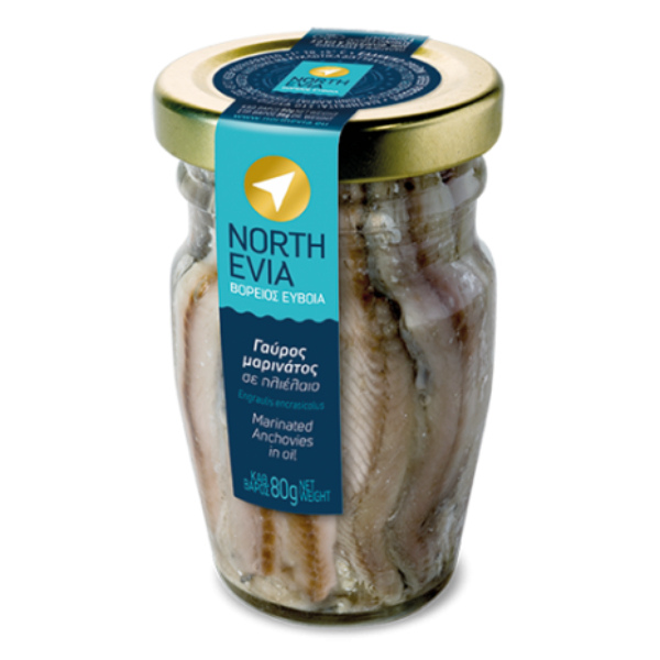 “north evia” anchovies marinated in glass jar