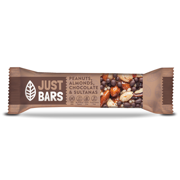 “just bars” with peanuts, almonds, chocolate and sultanas