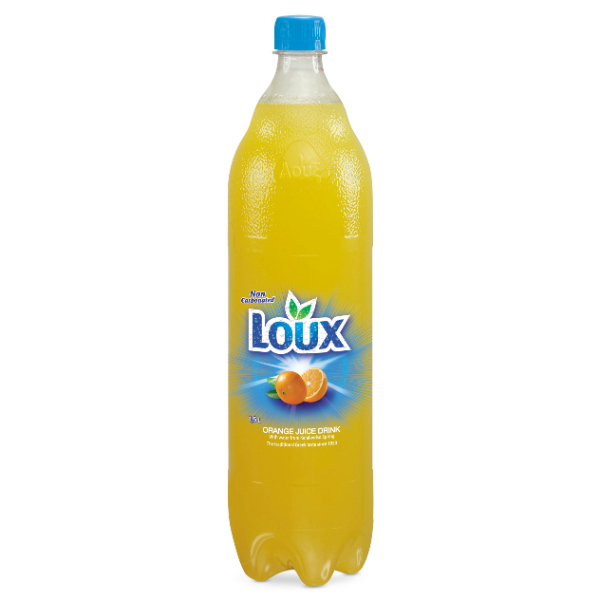 “loux” orange soft drink still – blue (20% natural orange juice) in pet bottle