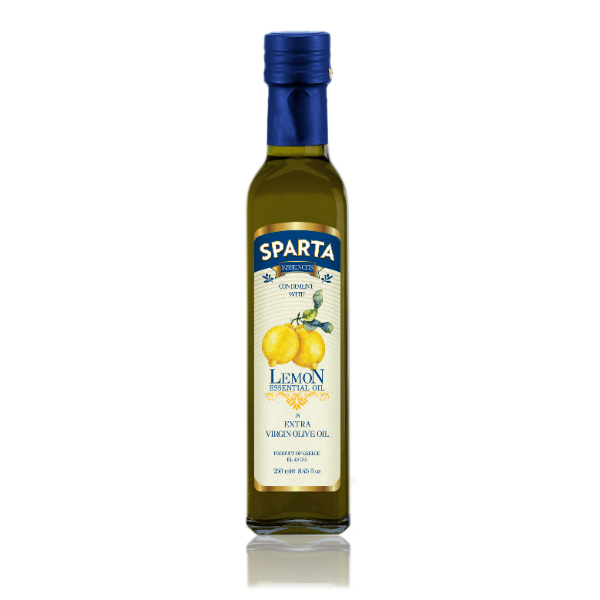 “sparta essences” extra virgin olive oil  with lemon  in dorica glass bottle