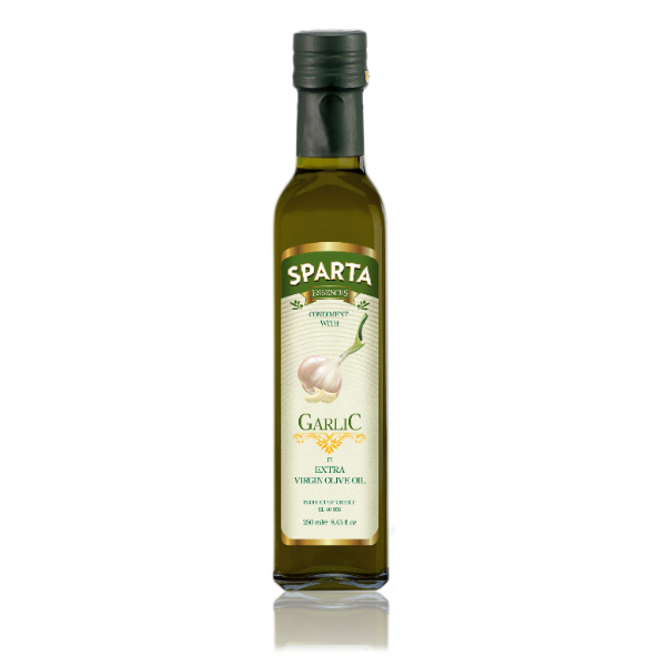 “sparta essences” extra virgin olive oil with garlic in marasca glass bottle