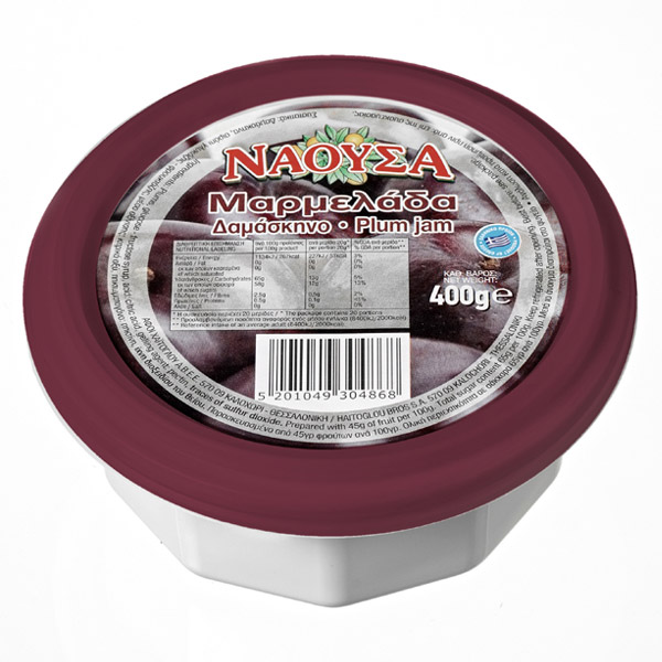 “naoussa” plum jam in plastic container