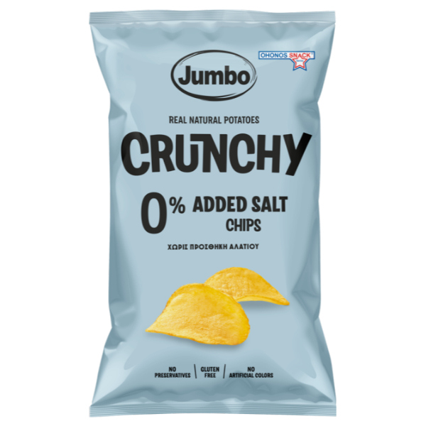 “jumbo crunchy” potato chips without salt in aluminium bag