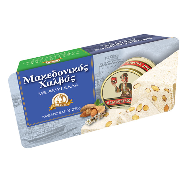 “macedonian” halva with almonds in airtight trays with paper sleeve