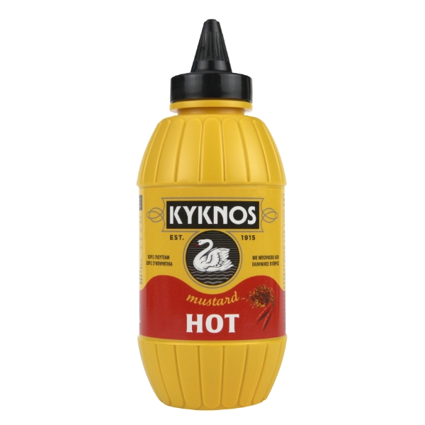 “kyknos” mustard hot in plastic bottle (bottom up)
