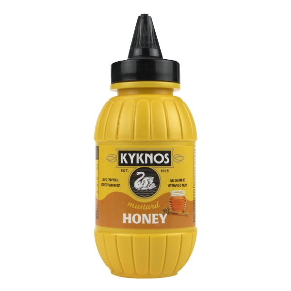 “kyknos” mustard with honey in plastic bottle (bottom up)