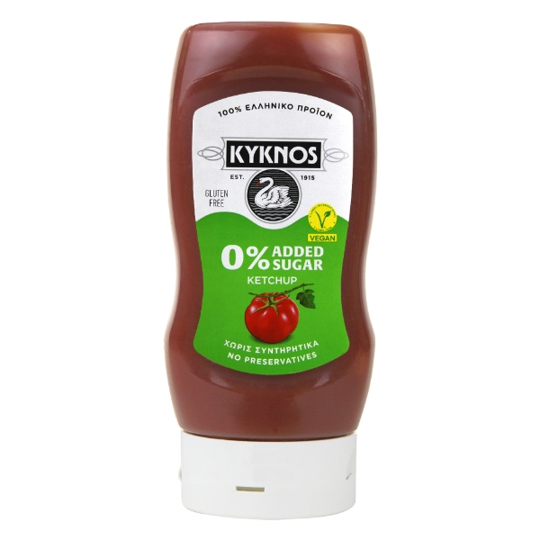 “kyknos” ketchup no added sugar in plastic bottle with lid on the bottom