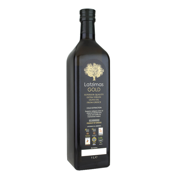 “latzimas gold” extra virgin olive oil in maraska glass bottle
