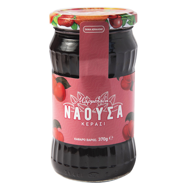 “naoussa extra” cherry jam in glass jars