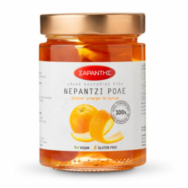 “sarantis” bitter orange peel spoon sweet in rolls, in glass jars