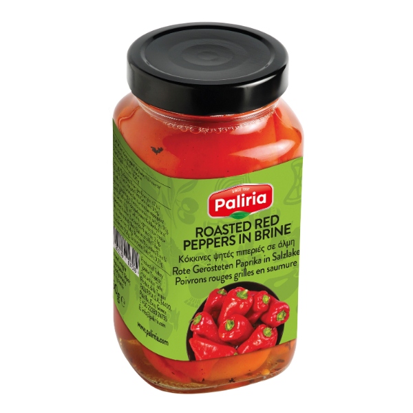 “paliria” red roasted florina peppers in glass jars