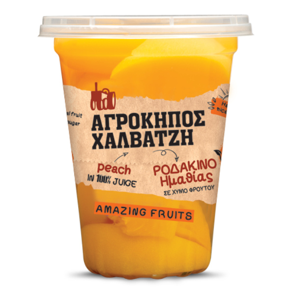 “agrokipos halvatzi” peach fruit salad in ecological packaging (pp/evoh/pp)
