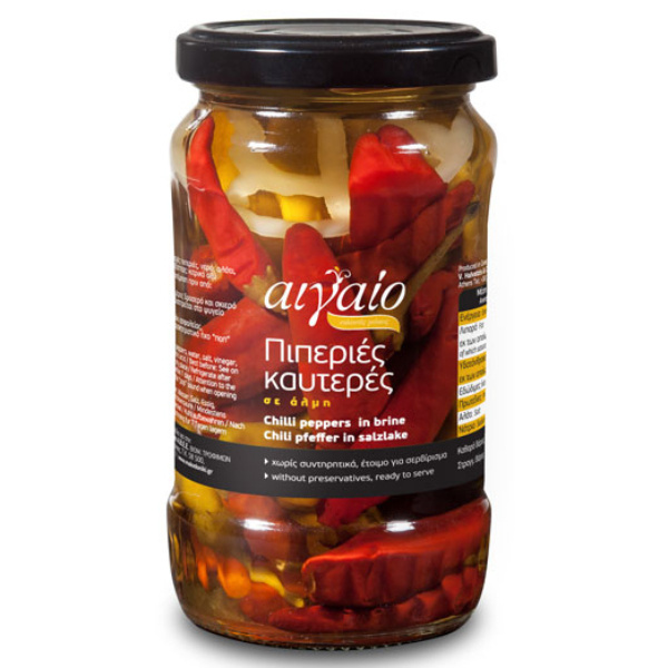 “aigaio” chilli peppers in glass jars