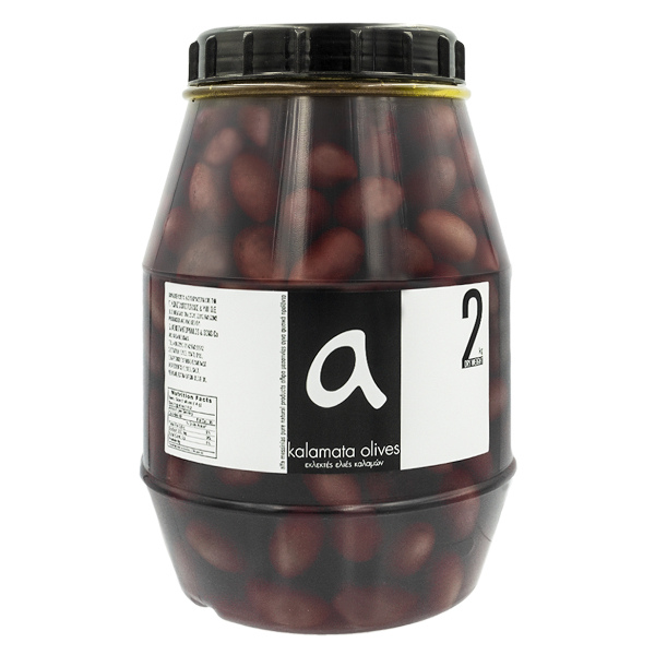“alfa” original kalamata olives super colossal in transparent plastic barrel