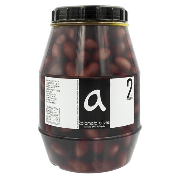 “alfa” original kalamata olives jumbo in transparent plastic barrel