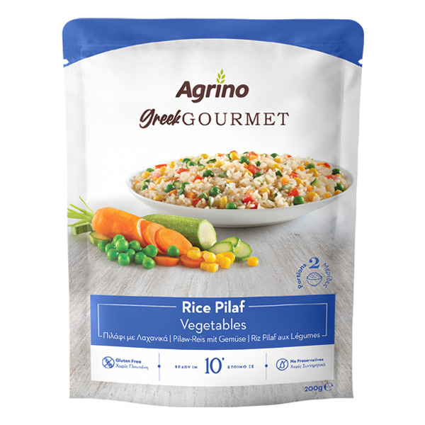 “greek gourmet” rice meal with vegetables in stand up pouch