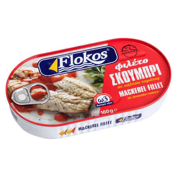 “flokos” mackerel fillets in tomato sauce in can