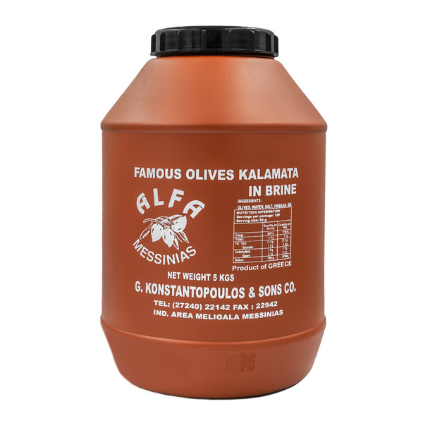 “alfa” original kalamata pitted olives brilliant in plastic barrels