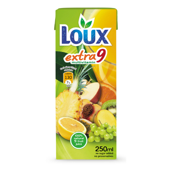 “loux extra 9” multivitamin 9 fruits juice in tetra pack package