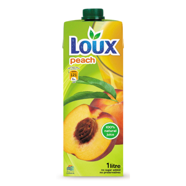 “loux” peach fruit drink in tetra pack package