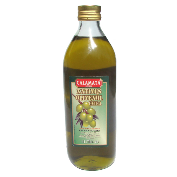 “calamata” extra virgin olive oil in standard glass bottles quadra
