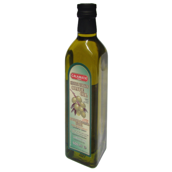 “calamata” extra virgin olive oil in maraska square glass bottles