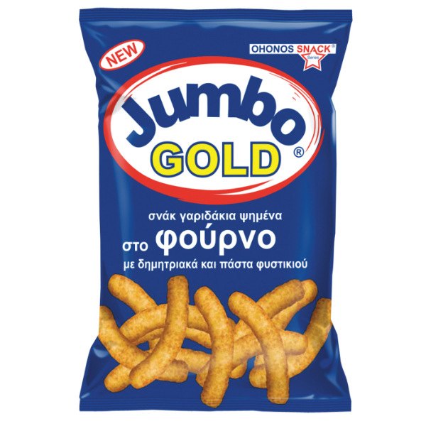 “jumbo gold” baked snack with cereals and peanuts in aluminium bag