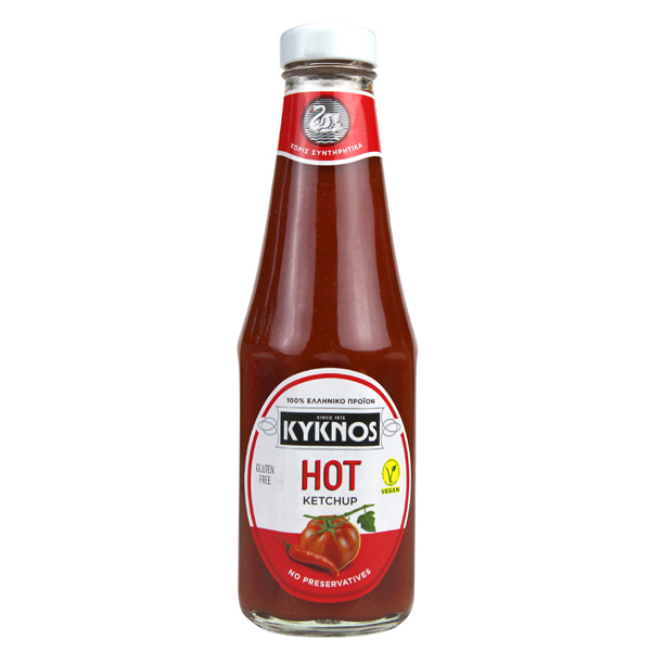 “kyknos” spicy ketchup in glass bottle