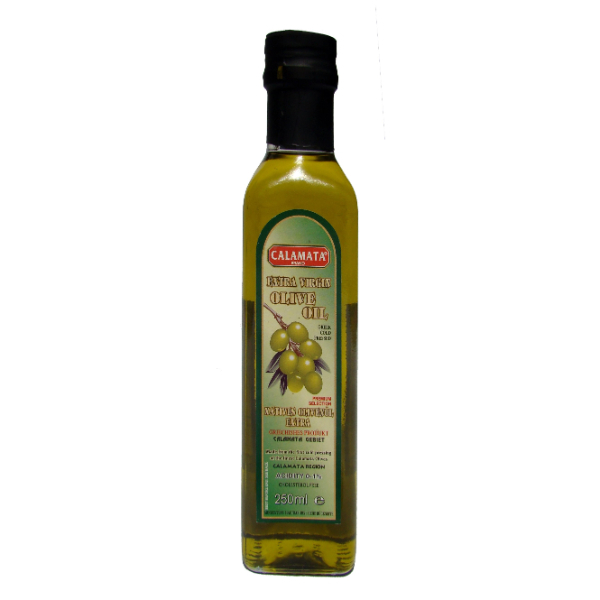 “calamata” extra virgin olive oil in maraska square glass bottles