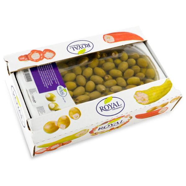 “royal” green olives stuffed with cheese in oil in transparent tuppers