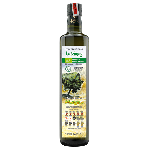 “latzimas” organic extra virgin olive oil in dorica glass bottle