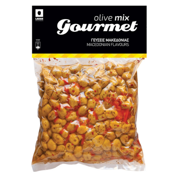 macedonian flavors (green olives with chili pepper and sweet pepper) in vacuum pack