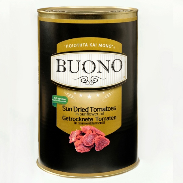 “buono” sundried tomatoes marinated in sunflower oil in tin a12 (easy open & plastic lid)