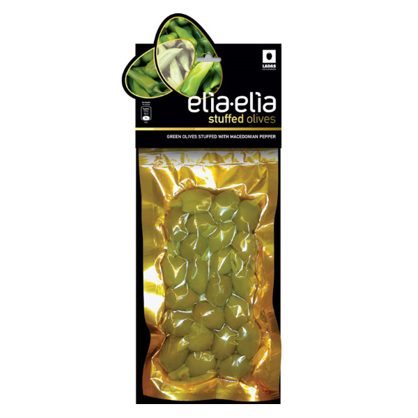 “elia-elia” halkidiki green olives stuffed with green macedonian peppers in vacuum pack
