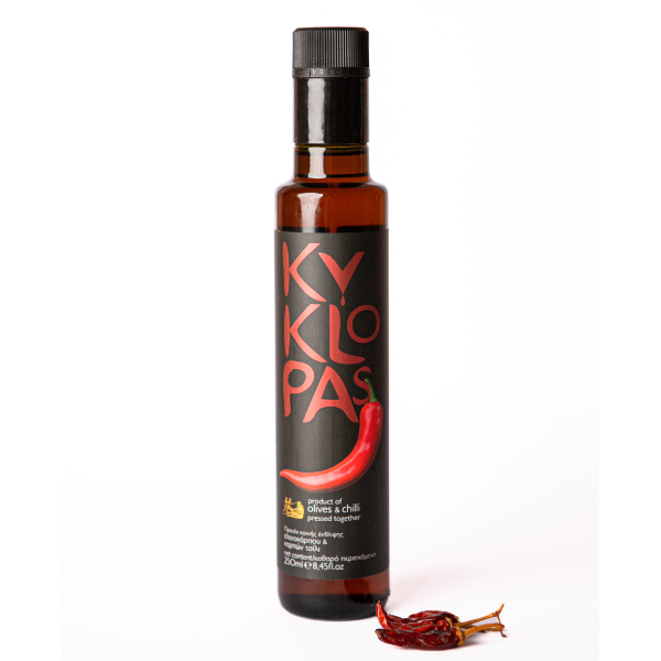 “kyklopas” naturally flavored virgin olive oil with hot chili in glass bottle